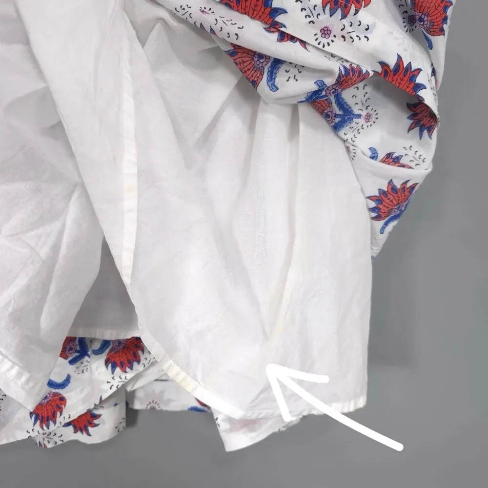J.CREW‎ Midi Dress Size 14 White Floral Ruffle Sleeve Smocked Cotton Red Blue